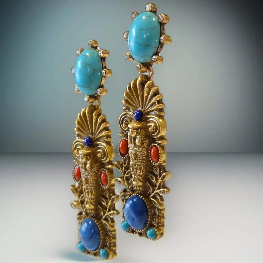 Antique Gold Egyptian Revival Pharaoh Cabochon Crystal Earrings - Picture 3 of 5